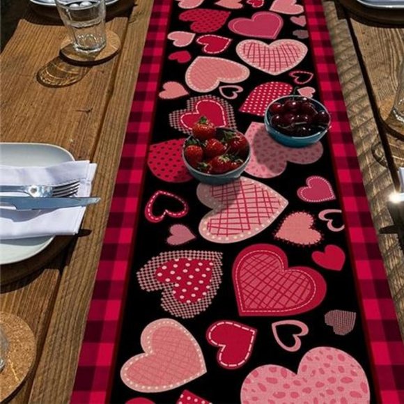 Valentines Day Table Runner Heart Cloth Buffalo Plaid Farmhouse Cottage Decor - Picture 6 of 6